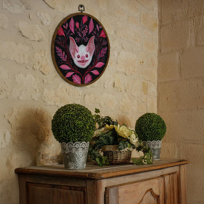 KLYTINK Pink Bat Round Wall Art Decor,10x10 Inch Gothic Whimsical Canvas Print with Round Frame, Cute Bat Artwork Wall Hanging Decor for Bedroom, Living Room, or Halloween Home(Pink Bat)