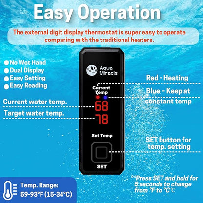 AquaMiracle Upgraded 15W Small Aquarium Heater Fish Tank Heater Turtle Heater Super Mini Aquarium Heater, Dry-Run/Overheating Protection and Memory Function, Dual LED Display, for 1-3 Gal Tanks