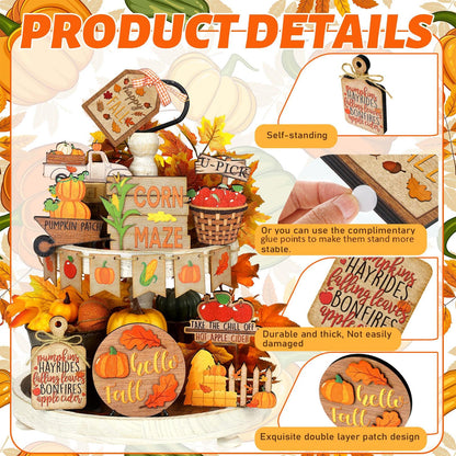 BBTO Set of 15 Fall Tiered Tray Decor Pumpkins Farmhouse Decor Autumn Maple Leaf Thanksgiving Table Centerpieces Harvest Wood Blocks Signs for Home(Harvest Style)