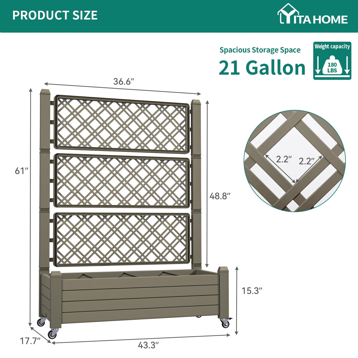 YITAHOME 43.3x17.7x61 in Planter Boxes Outdoor with Trellis, Resin Raised Garden Bed with Wheels & Drain Plug for Climbing Plants, Weather-Resistant Design Elevated Garden Bed with Trellis, Brown
