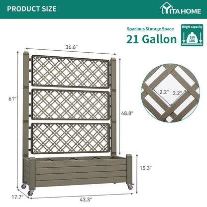 YITAHOME 43.3x17.7x61 in Planter Boxes Outdoor with Trellis, Resin Raised Garden Bed with Wheels & Drain Plug for Climbing Plants, Weather-Resistant Design Elevated Garden Bed with Trellis, Brown