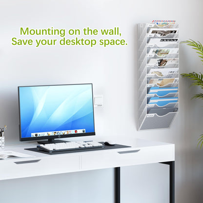 EasyPAG 10 Pocket Mesh Wall File Organizer, Hanging Paper Folder Holder with Classify Label, Vertical Wall Mount Mail Organizer for Office Home Classroom, White