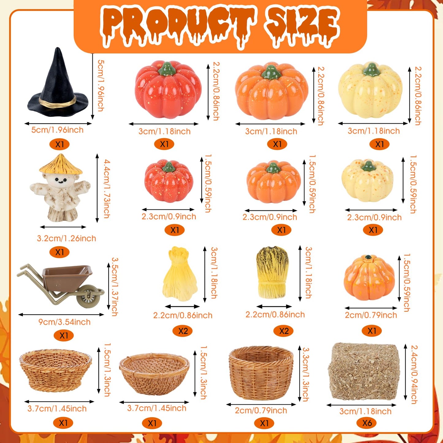 33 PCS Mini Fall Figurines Thanksgiving Resin Figurines Autumn Tiny Resin Farm Miniature Include Trees Pumpkins Scarecrow Wheelbarrow Ears of Wheat Basket Fence for Harvest Home Table Decorations