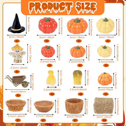 33 PCS Mini Fall Figurines Thanksgiving Resin Figurines Autumn Tiny Resin Farm Miniature Include Trees Pumpkins Scarecrow Wheelbarrow Ears of Wheat Basket Fence for Harvest Home Table Decorations