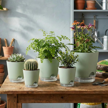 GARDIFE 2026 Upgraded Self Watering Plant Pots with Drainage Hole, 8/7/6.5/6/5.5/5/4 Inch Flower Planting Containers for House Plants, African Violet, Flowers, Cactus (Green, 8+7+6.5+6+5.5+5+4 inch)