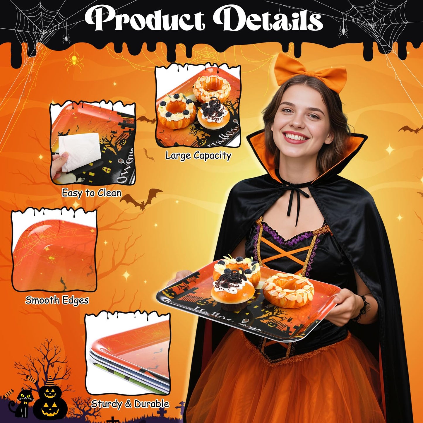 Vesici 4 Pcs 13 x 10 Inch Halloween Serving Trays Set Witch Haunted House Ghost Boo Melamine Platter Reusable Halloween Party Decorations for Trick or Treat Party Serving Food Snacks Cookies Dessert