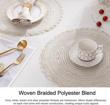 SHACOS Round Placemats Set of 4 Boho Braided Border Table Place Mats for Dining Table Wedding Holiday Party (Ivory Bordered, 4)