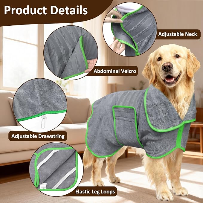 Soft Dog Bathrobe Fast Drying Dog Coat, Super Absorbent Dog Towels for After Bath, Microfiber Pet Robe Adjustable Collar & Belly Warm Keeping Dogs Coat for Pet Dogs & Cats (Grey, X-Large)