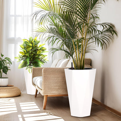 GAOMON 22.5" Tall Planters Set of 2, Self-Watering Diamond Planter Pots with Water Level Monitor and Wheels, Plant Pots Outdoor and Indoor for Room & Office Décor, Garden, Patio, White