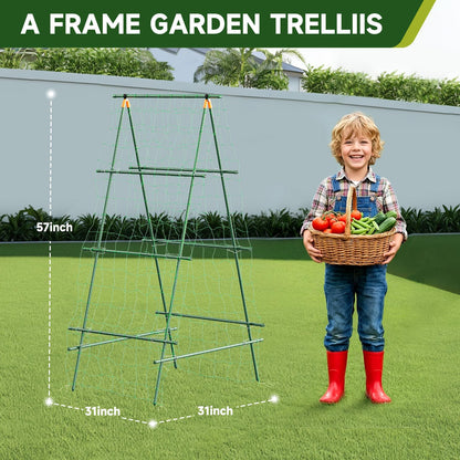 HIRALIY A Frame Cucumber Trellis for Climbing Plants Outdoor, 57" x 31" Heavy Duty Metal Garden Trellis, Rustproof Plant Support for Tomato, Grape, Bean, Raised Bed and Vegetable Gardens, Green