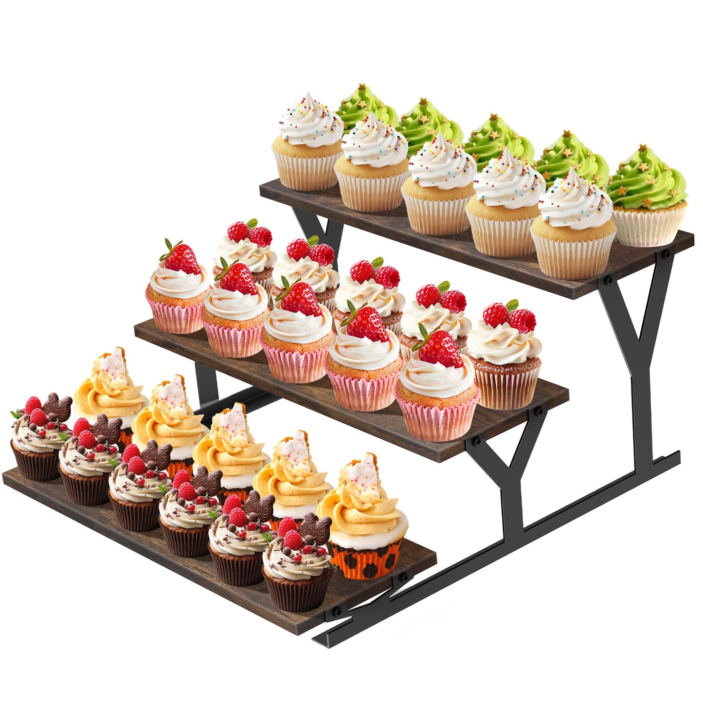 KALYLOC 3 Tier Cupcake Stand, Wooden Risers Dessert Table Display Set, Rustic Tiered Tray Stand Cupcake Tower for Party Farmers Market Wedding Birthday Baby Shower (Brown, Y-Shape)