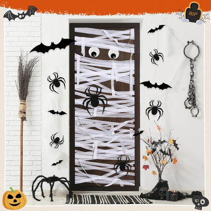 Engrowtic 78 Pcs Halloween Mummy Decorations Set with 3D Bat and Spider Stickers Wall Decor Self Adhesive Large Wiggle Eyes Crepe Paper and Masking Tape for Halloween Cosplay Party Door DIY Decor