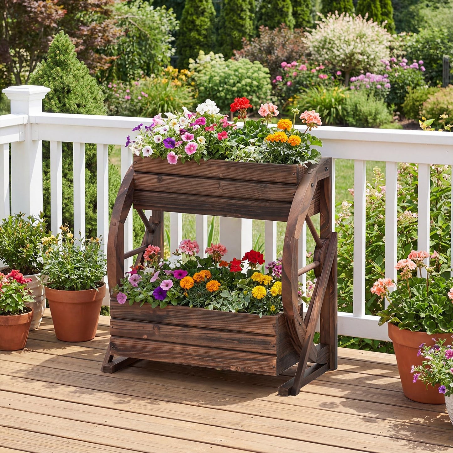 Byroce Wooden Wagon Planter Box, 2-Tier Raised Garden Bed with Drainage Holes for Flowers, Vegetables & Herbs, Indoor Outdoor Decorative Wheel Cart for Patio, Yard & Balcony, Rustic (1)