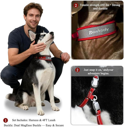MagEase Dog Collar with 4FT Leash | Adjustable | Anti-Wrinkle, Bite & Stain-Resistant Leather | Soft & Skin-Friendly | 450LB Escape-Proof Magnetic Buckle (Red, Small)