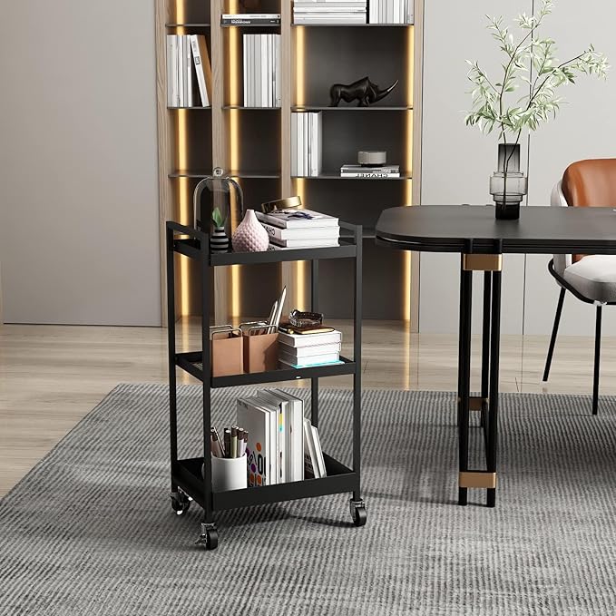 3-Tier Metal Utility Rolling Cart, Heavy Duty Multifunction Rectangular Cart with Lockable Casters, Easy to Assemble, Suitable for Office, Bathroom, Kitchen - Black
