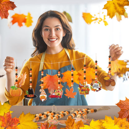 Bucherry 10 Pcs Thanksgiving Wooden Bead Ornaments Fall Wood Bead Hanging Decorations Pumpkin Maple Leaf Turkey Gnome Beaded Garland Decor for Autumn Harvest Party Farmhouse Tiered Tray Ornaments