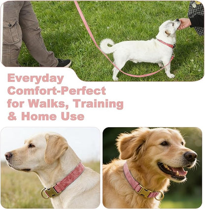 Genuine Leather Dog Collar - Adjustable Pet Collar with Quick Release Metal Buckle, Soft Skin Friendly Real Leather Collar for Small, Medium, Large Dogs (Pink, L：Fit 15-23" Neck)