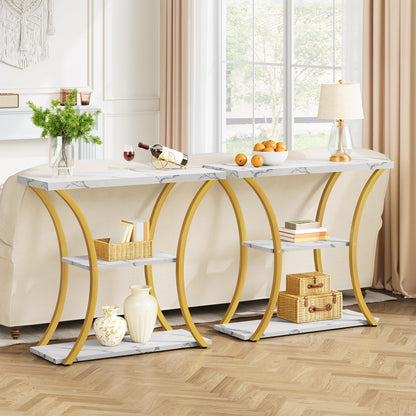 Hoctieon 3 Tier Console Table with Open Wood Shelves, Decorative Entryway Table with Curved Metal Frames, Narrow Sofa Table for Entrance, Living Room, Hallway, Gold and White Marbled