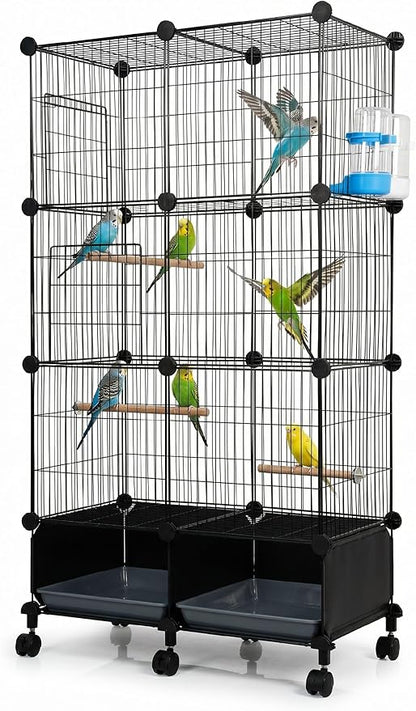 Large Bird Cage with Rolling Stand, 46x24x12 Inch Flight Cage for Parakeets, Cockatiels, Conures, Metal Wire Cage with Wooden Perches, Feeders, Wheels, Black