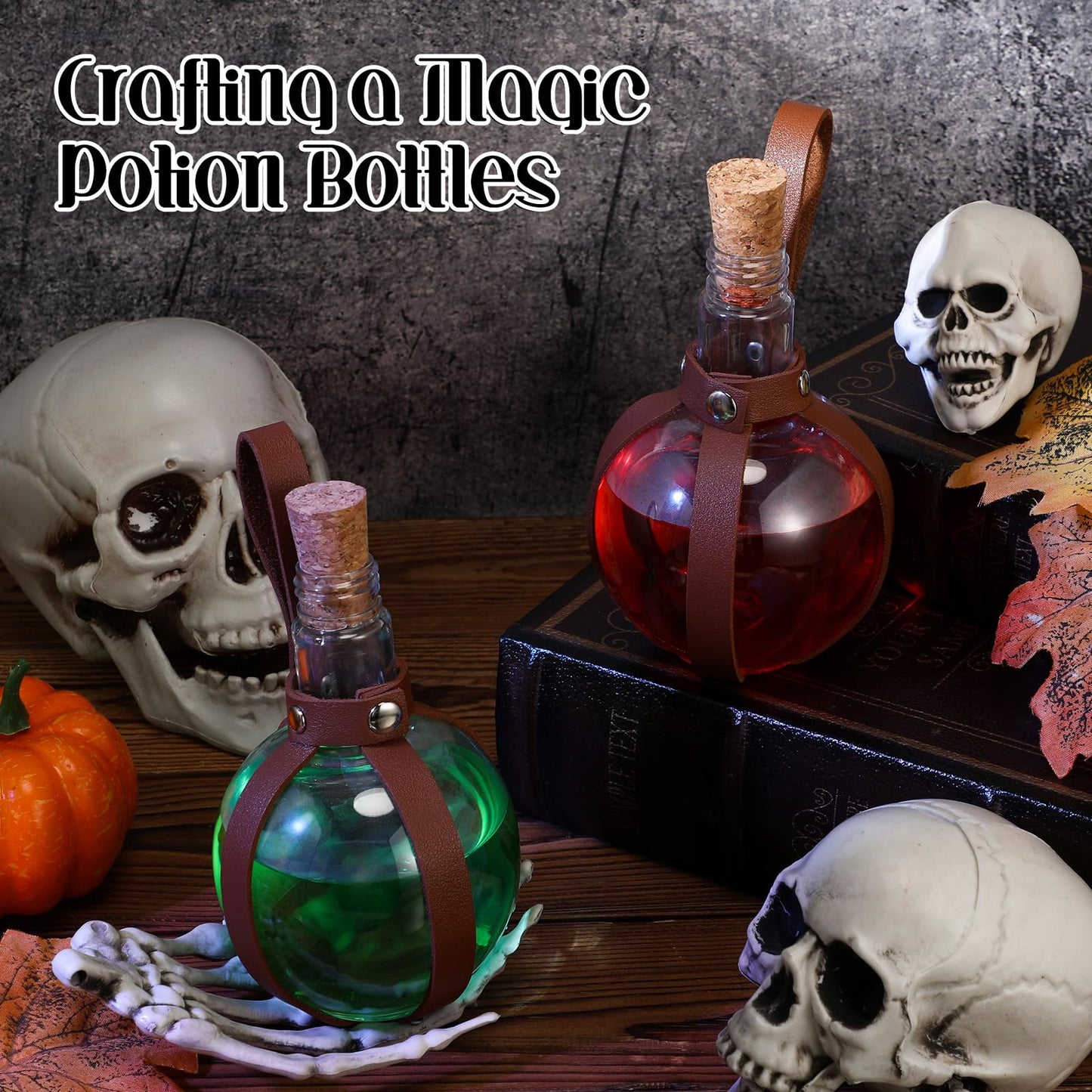 Baderke 3 Set 8 oz Plastic Potion Bottle with Cork Stopper Cosplay Accessories with Leather Belt Witch Cosplay Props Decorative Round Spherical Bottles for Halloween Party Decorations (Coffee)