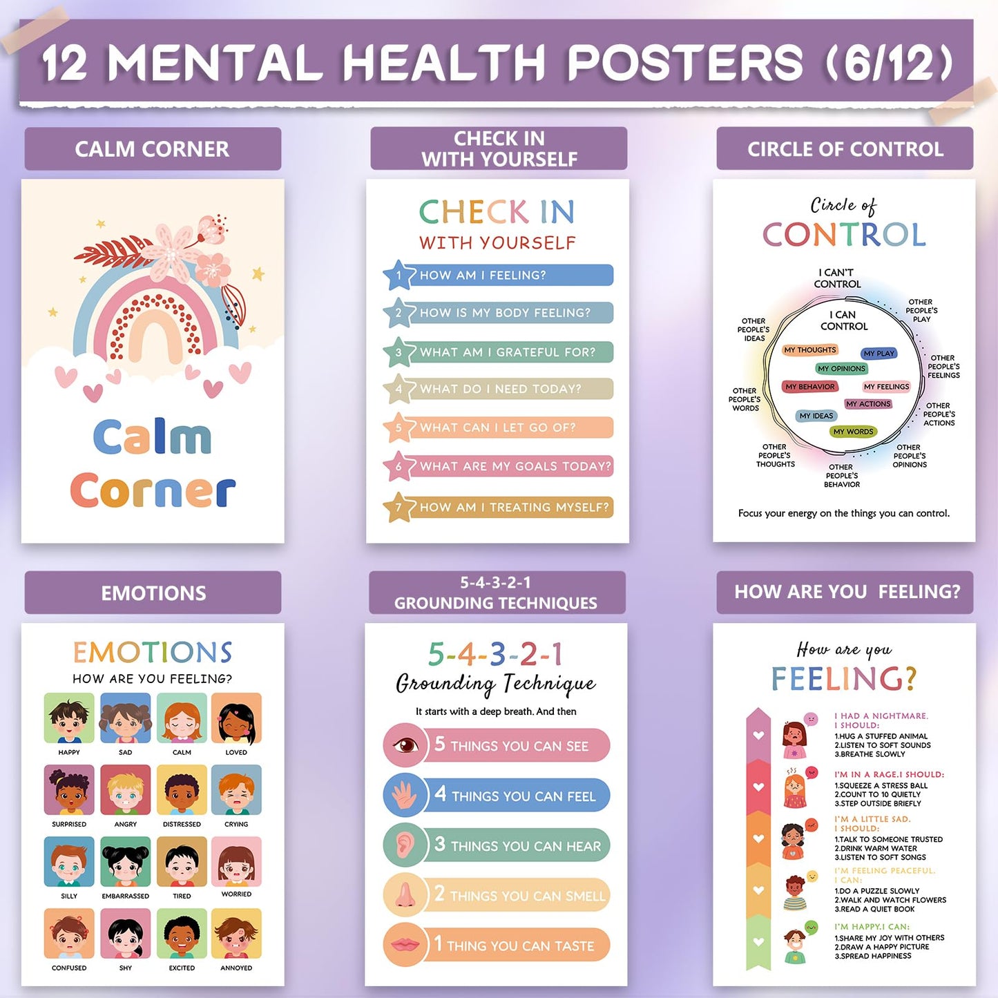 KIDS KING 12 Mental Health Posters, Therapy Office Decor, Counseling Office Must Haves School Counselor Supplies, Inspirational Positive Affirmations & Emotion Regulation Poster Wall Art Decor for Home Office Classroom (10"x14")