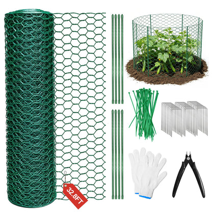 QURAS Plant Protectors from Animals, 32.8FT x 16IN Wire Plant Cage, 0.85mm Thick Vinyl Coated Garden Fence Kit with Stakes & Zip Ties, DIY Plant Guard for Rabbits, Squirrels, Deer, Vegetable Garden