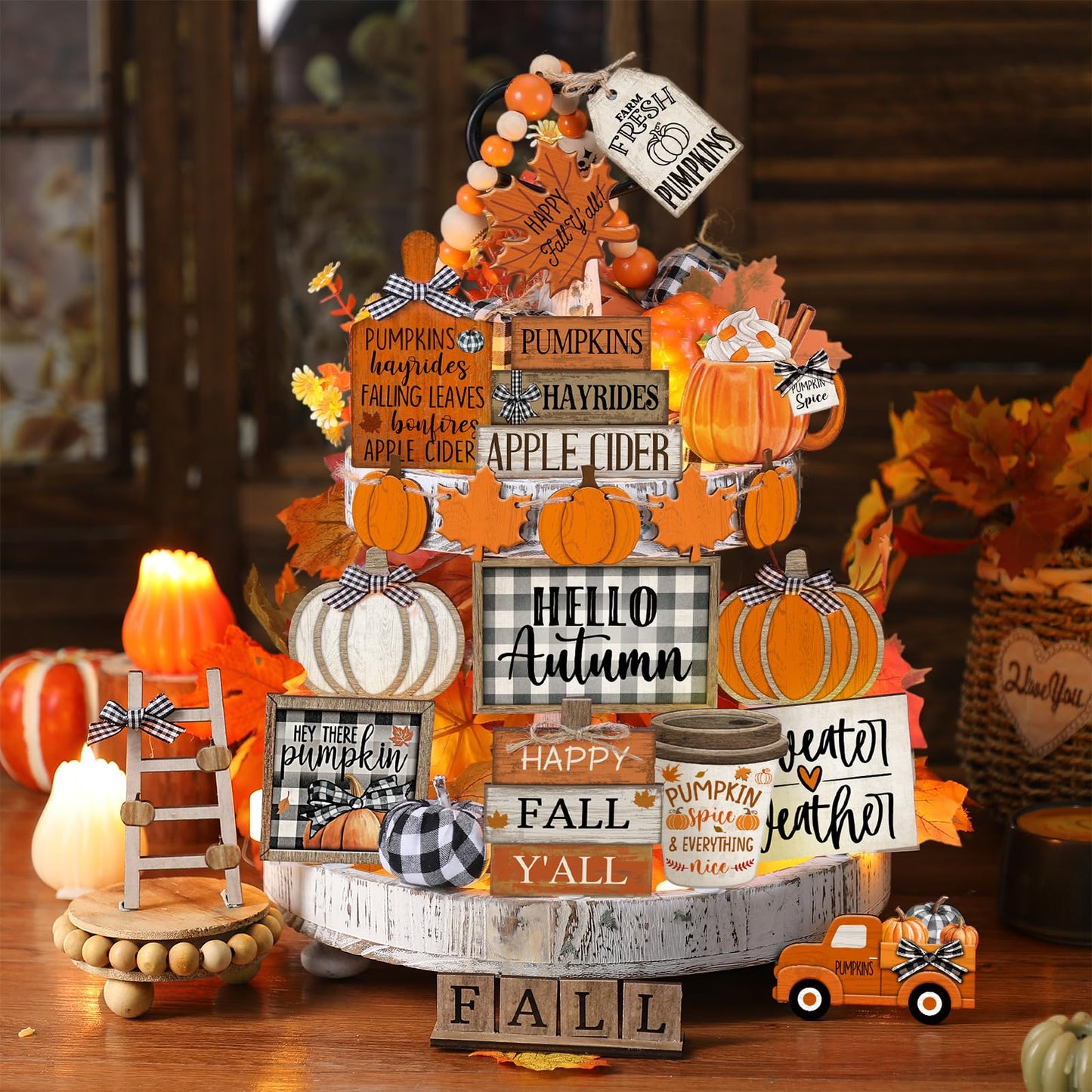 DoubleFill 21 Pcs Fall Thanksgiving Tiered Tray Decoration Set Thanksgiving Table Sign Pumpkins Farmhouse Gnome Maple Leaves Centerpieces Harvest Wood Blocks Signs Fall Block Tabletop for Autumn