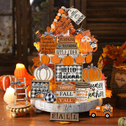 DoubleFill 21 Pcs Fall Thanksgiving Tiered Tray Decoration Set Thanksgiving Table Sign Pumpkins Farmhouse Gnome Maple Leaves Centerpieces Harvest Wood Blocks Signs Fall Block Tabletop for Autumn