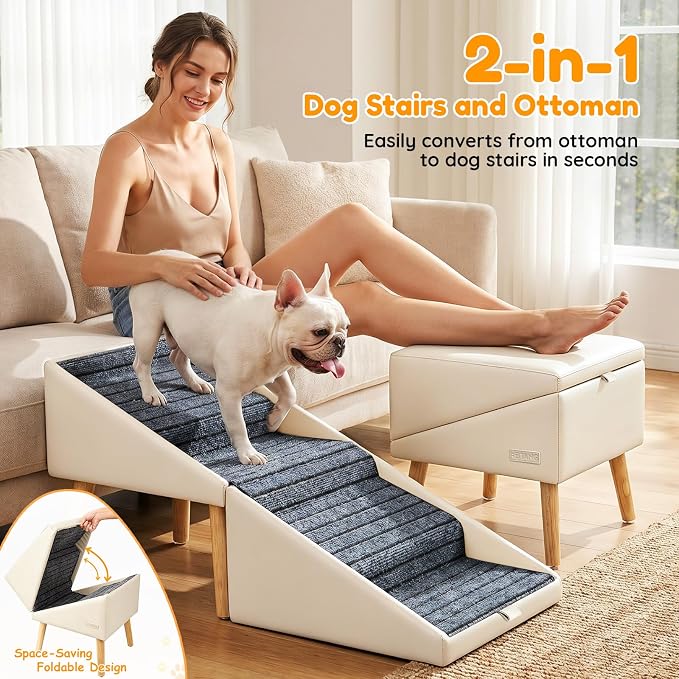 17" H Dog Stairs for Small Dogs – 4-Step Non-Slip Dog Ramp for Couch, Foldable 2-in-1 Pet Stairs & Ottoman, Upgraded Pet Steps for Puppies, Senior Dogs & Injured Pets, Solid Wood Frame (Beige)