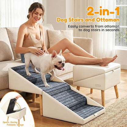 17" H Dog Stairs for Small Dogs – 4-Step Non-Slip Dog Ramp for Couch, Foldable 2-in-1 Pet Stairs & Ottoman, Upgraded Pet Steps for Puppies, Senior Dogs & Injured Pets, Solid Wood Frame (Beige)