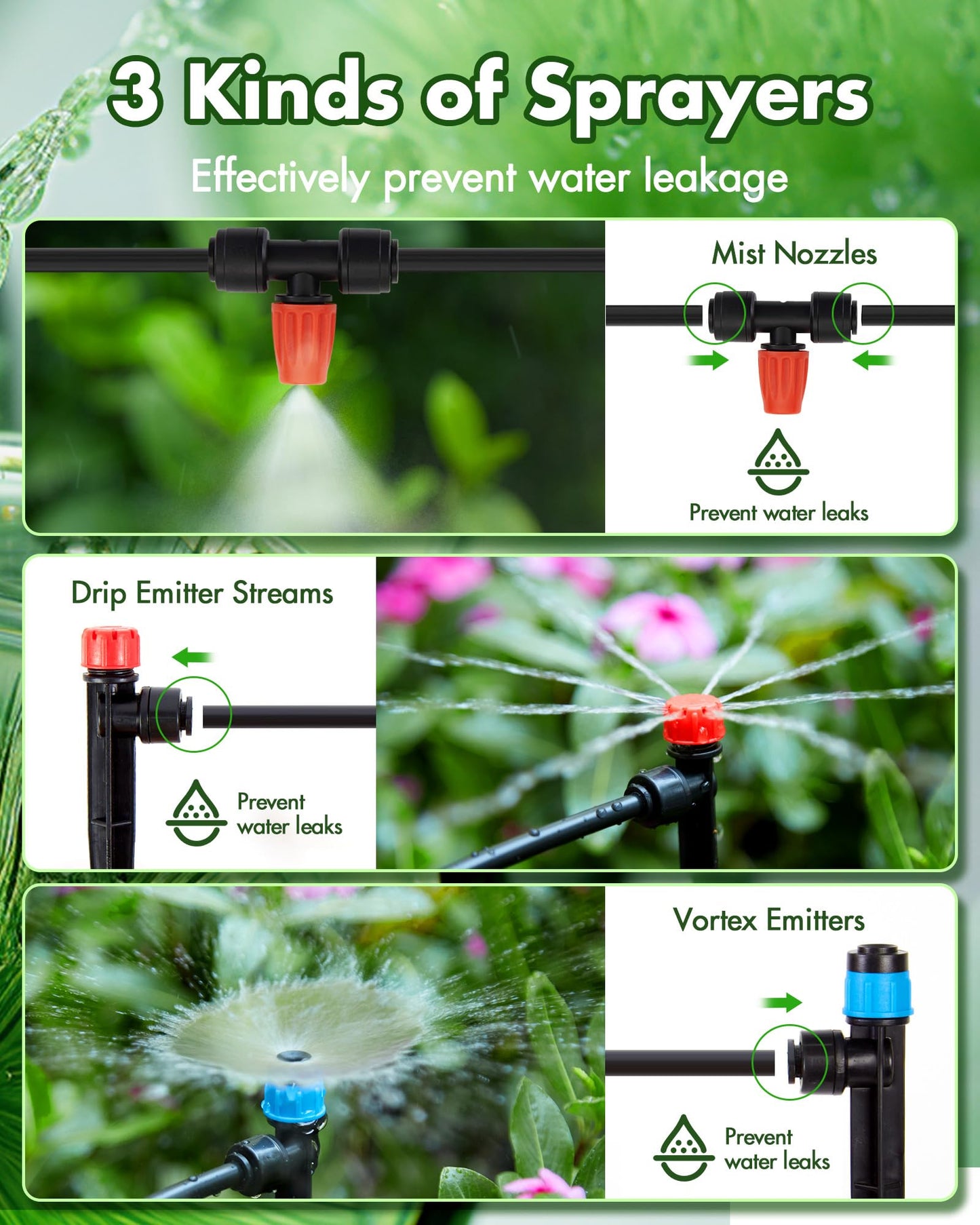 300FT Drip Irrigation System Kits - Automatic Garden Watering Sprinkler with 1/2 & 1/4 inch Tubing Hose Patio Misting Plant Irrigation Water Equipment Quick Connector for Greenhouse Flower Beds Lawn