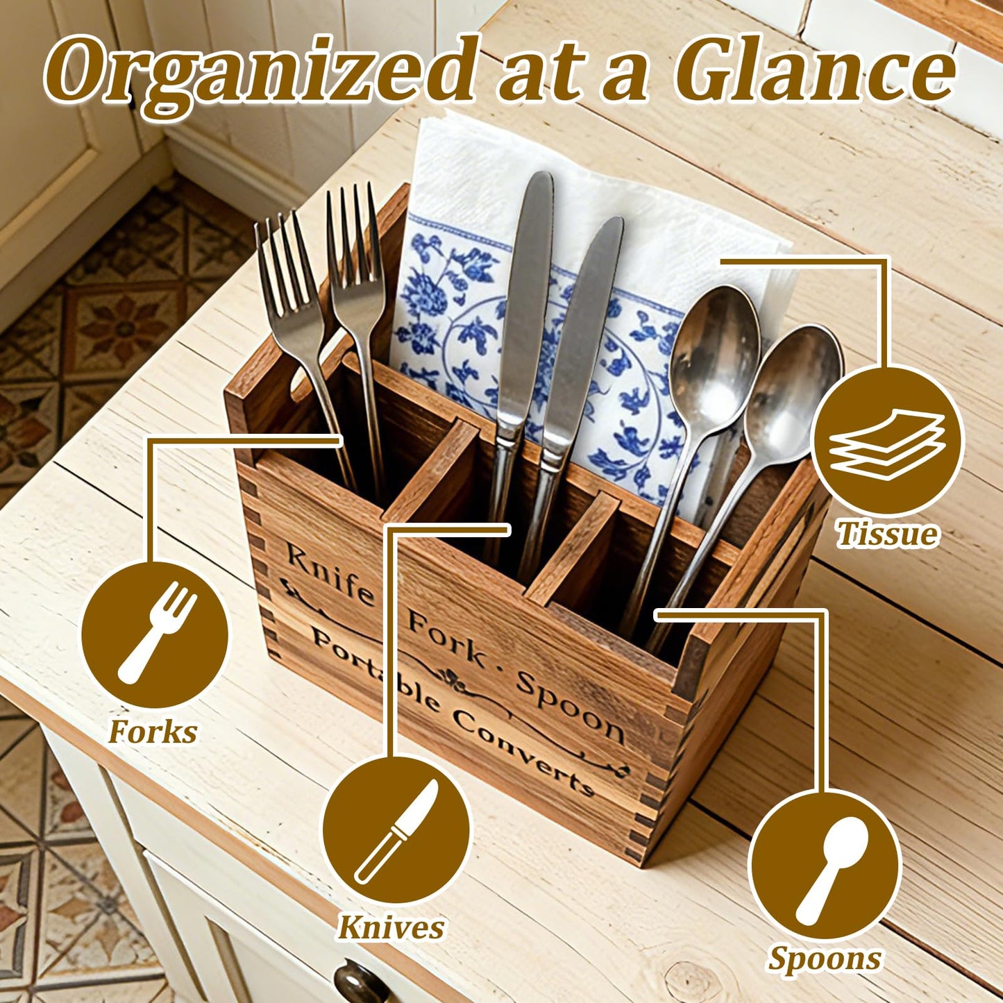 NDNTO Portable Acacia Wood Kitchen Utensil Holder with Handle, Farmhouse Countertop 4-Compartment Wooden Cooking Utensil Holder for Counter, Island & Dining Room