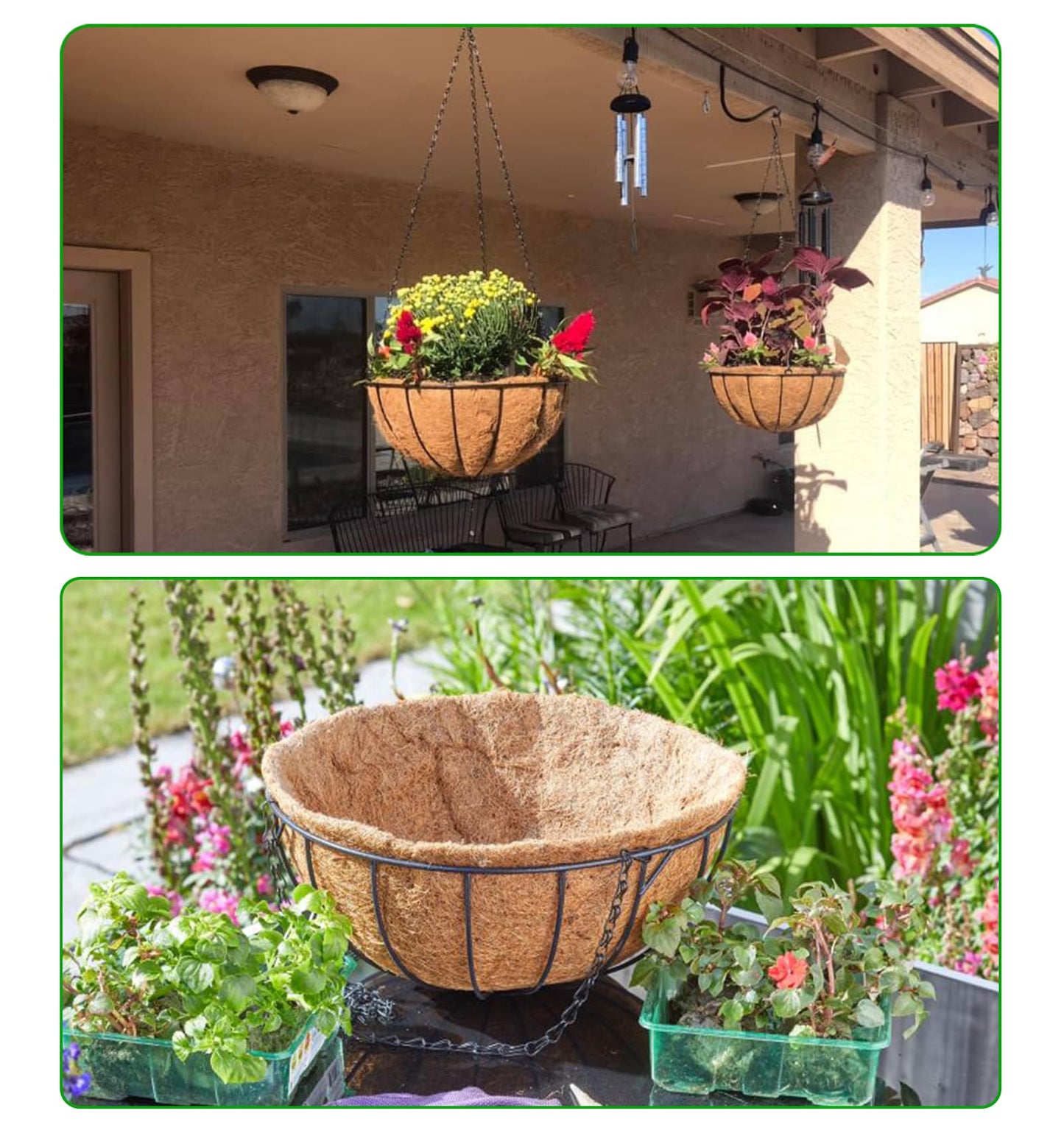 LCHUANG Hanging Baskets Planter for Plants - 4 Pack 14 Inch Metal Baskets with Coco Coir Liner, Hanging Flower Pots for Outside with Chain, Indoor Outdoor Garden Porch Decoration (14'' Pack of 4)