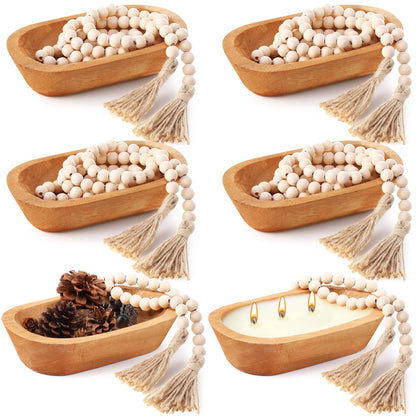 LemonRoad 12 Pcs Wooden Dough Bowl Making Wood Table Centerpiece Decorations Beads String with Tassel Decorative Bowl Natural Rustic Filler Tray Farmhouse Dining Kitchen(Caramel,Short)