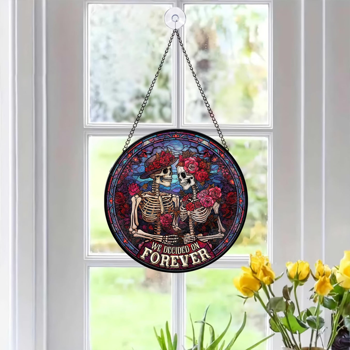 FIVITY FIVITY Stained Glass Window Hanging 7.8'' Skeleton Couple Suncatcher We Decided On Forever Stained Glass Ornament Suncatchers with Hanging Chain for Wife Husband Wedding for Hi