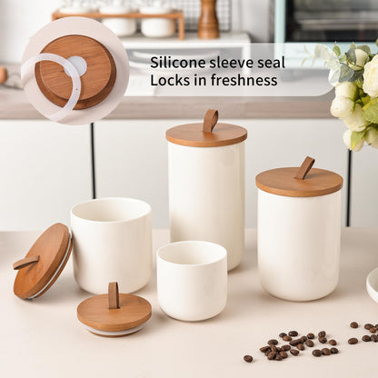 CoorFormer White Ceramic Canister Set with Bamboo Lids, 4-Piece Airtight Food Storage Jars for Kitchen – Flour, Sugar, Coffee, Tea, Spice – Smaller, Small, Medium, Large Sizes