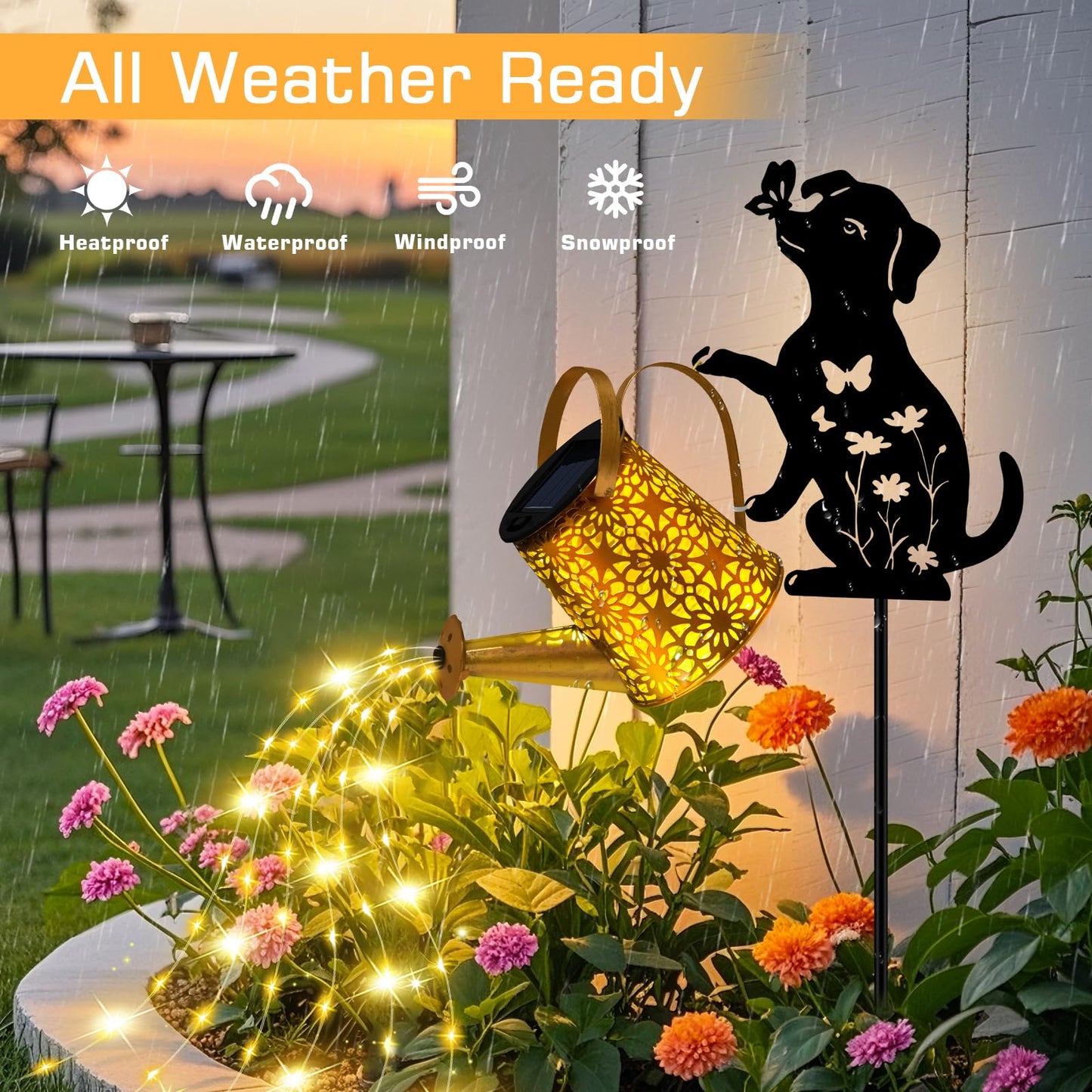 ZFNN Solar Garden Decor Lights, Outdoor Waterproof Solar Watering Can with Cascading Lights, Metal Dog Silhouette Stake Yard Art for Outside Lawn Patio, Unique Gardening Gifts for Women Mom