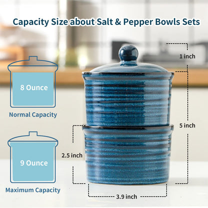 Hasense Ceramic Salt Cellar with Lid, 9 oz Salt and Pepper Bowls, Stacked Salt Box for Countertop Stovetop, Blue Farmhouse Kitchen Decor, Set of 2