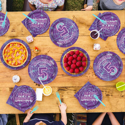 Greencian 96Pcs Spider 5th Birthday Party Supplies Purple Spiderweb Party Plates and Napkins Disposable Ghost Cartoon Tableware Set for Kids Birthday Halloween Hero Theme Decorations, Serves 24