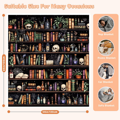 Nqhsionv Halloween Blanket Book Lovers Goth Skull Bookshelf Throw Blanket Gifts for Bookworm,Reader,Reading,Bookclub,Booknerd,Librarian,Bookish,Book Accessories Halloween Decor- 60”X50”