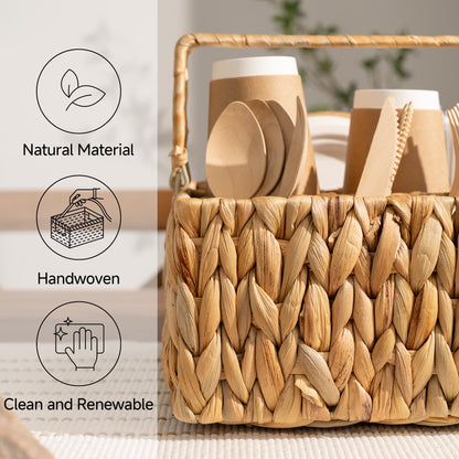StorageWorks Wicker Silverware Organizer with Handle, Water Hyacinth Kitchen Utensil Holder, Large Utensil Holder for Kitchen Counter, Spoon Forks Cutlery Caddy, Paper Plate Dispenser for Countertop