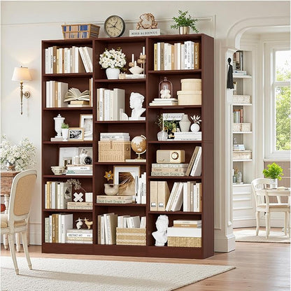 FACBOTALL Triple Wide Bookshelf, 6 Tier Large Bookshelf, Bookcase with 17 Open Display Shelves, 74'' Tall Bookcases and Bookshelves for Living Room, Home Office, Library, Cherry
