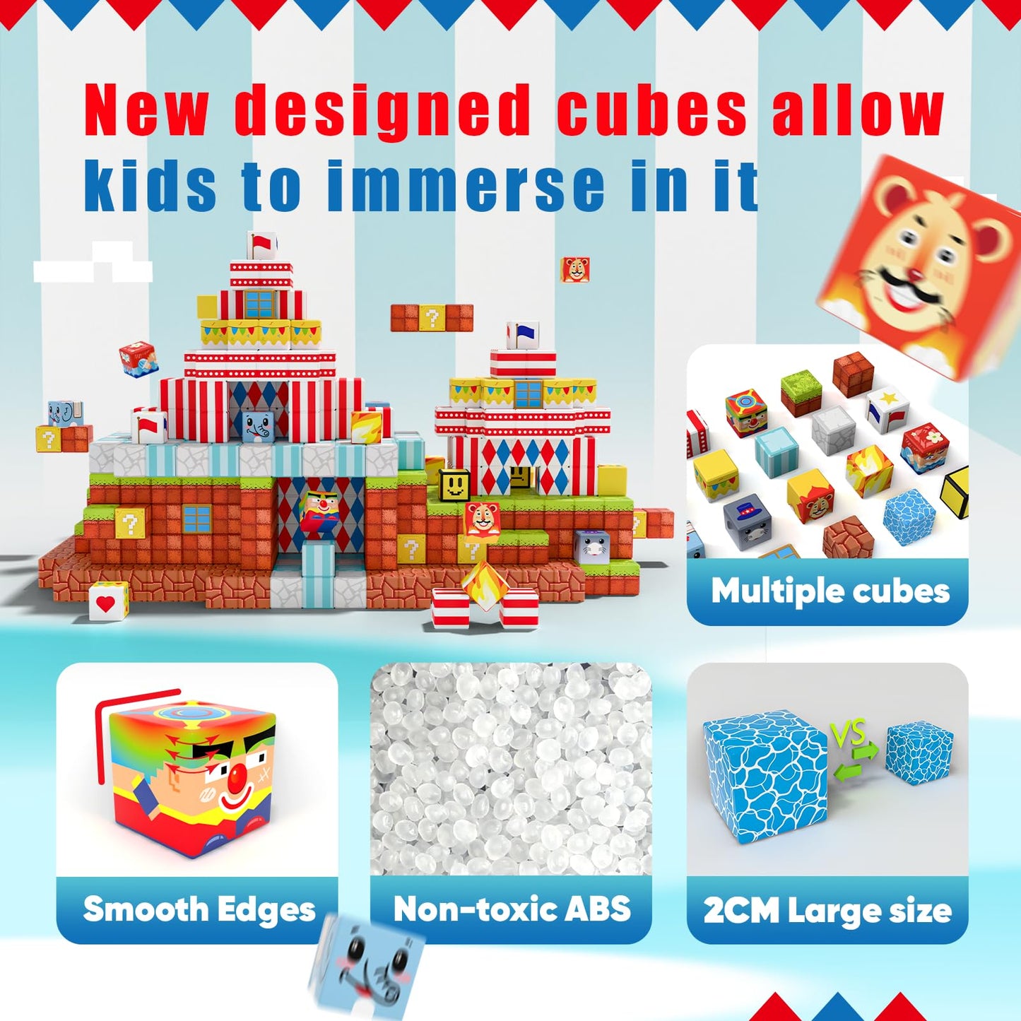 BRISTLIX 200PCS Magnetic Building Blocks with Storage Bag, 0.8in Joyful Circus STEM Magnet Cubes, Creative Construction Magnetic Blocks, Ideal Gift for Boys & Girls Age 3-12 Magnetic Cubes