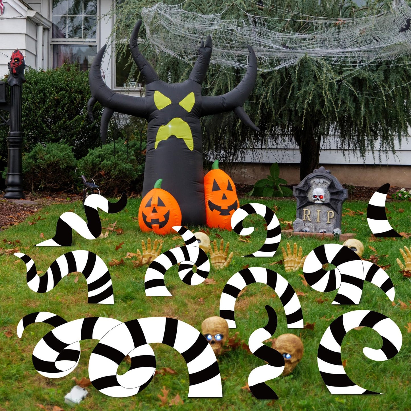 JarThenaAMCS 10Pcs Halloween Sandworm Decorations Halloween Yard Stakes Black White Striped Sandworm Lawn Signs for Home Party Outdoor Garden Patio Decoration