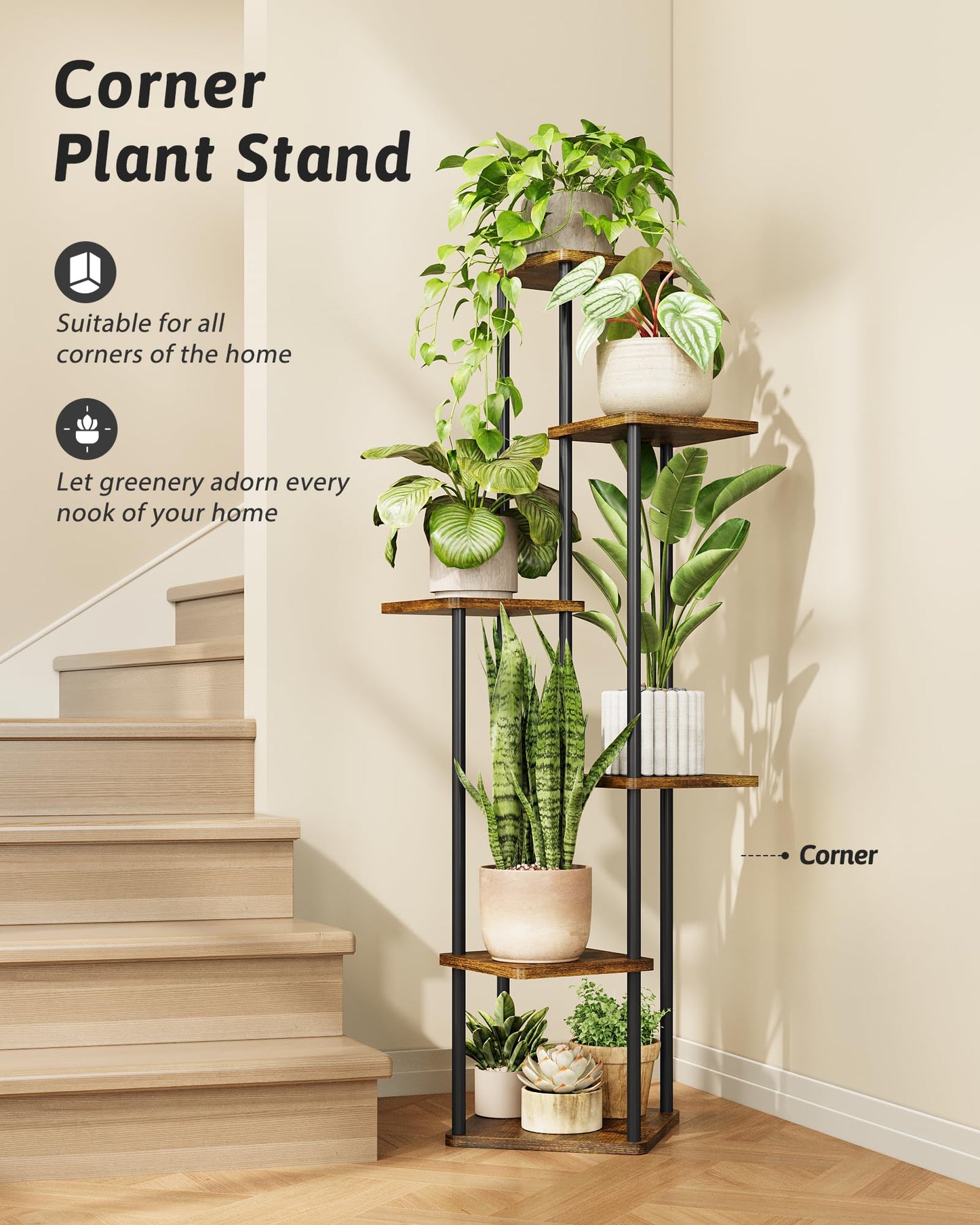 GENTINGBRO Corner Plant Stand Indoor 6 Tiered Tall Plant Stand Plant Shelf for Multiple Plants Coner Shelf Wood Plant Stands Metal Shelving for Living Room Bedroom Balcony Patio Brown Oak