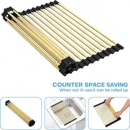 Expandable Roll Up Dish Drying Rack, Adjustable Large Over The Sink Rack Draining Rack (Max Extends to 21.25”) for Stainless Steel Sink Rack, Collapsible Rolling Up Rack 18 Tube for Kitchen, Gold