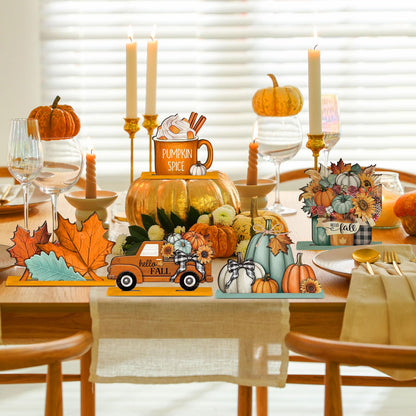 Yousoontic 6 Pcs Fall Decor for Home Fall Thanksgiving Table Decorations Centerpieces Signs Gnomes Pumpkin Truck Tabletop Signs for Autumn Photo Props Harvest Party Decor(Classic,Orange and Blue)