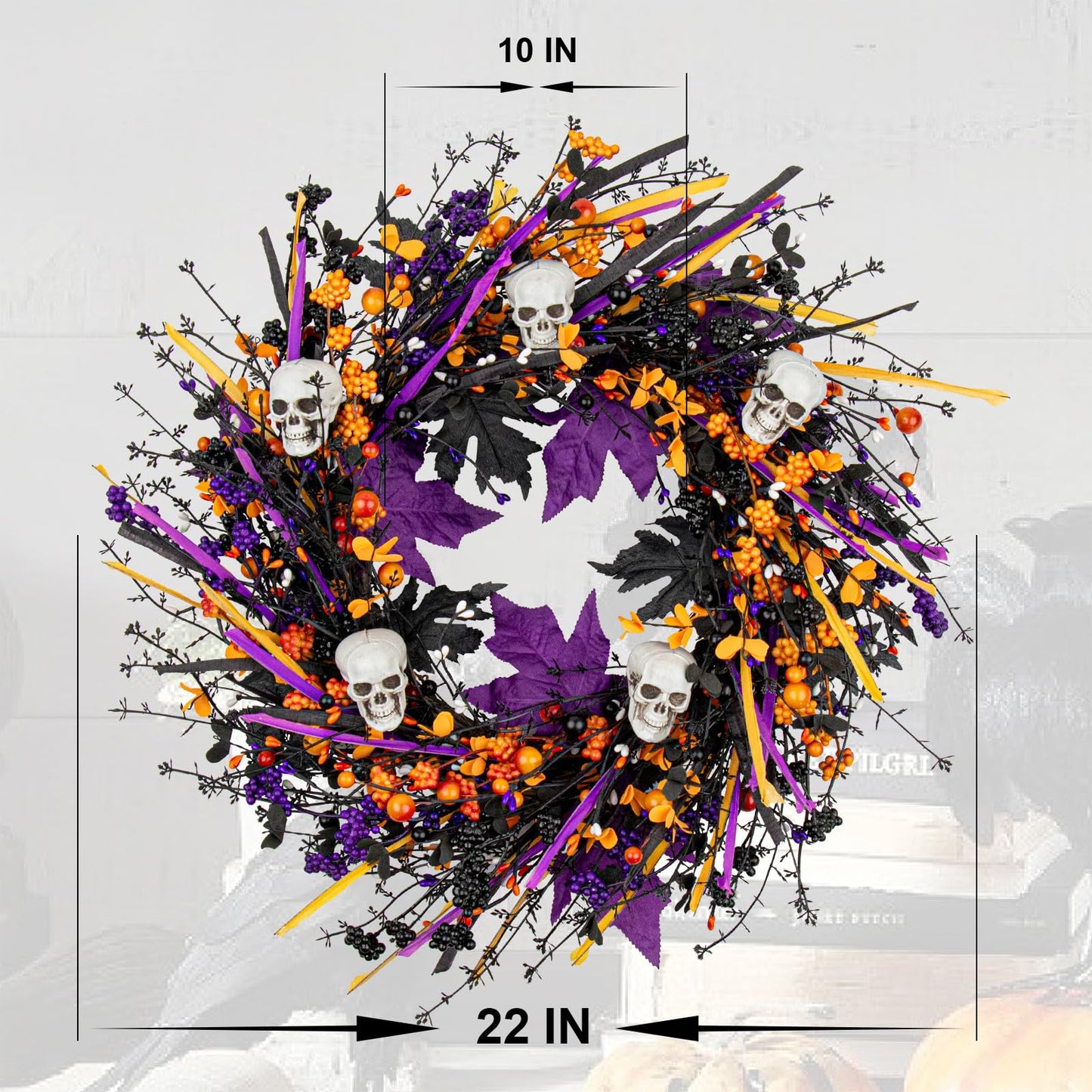 LLZLL Halloween Wreaths for Front Door 22 Inch Halloween Wreath Artificial Skull Wreath with Maple Leaves and Berries for Gothic Decoration