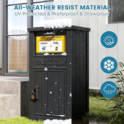 Package Delivery Box for Outside with Sign, Large Lockable & Weatherproof Anti-Theft Parcel Drop Box for Porch, Curbside, House Storage, Black(60 Gallon with Sign)