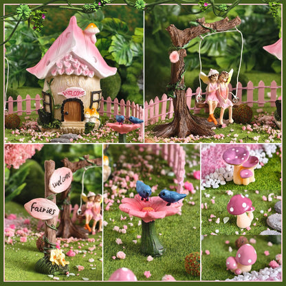 DONABELA Fairy Garden Decor Kit Pink Resin Miniature House Figurines Set Swing Directional Sign Bird Drinking Pool Fence Little Mushroom Outdoor Tiny Accessories Supplies